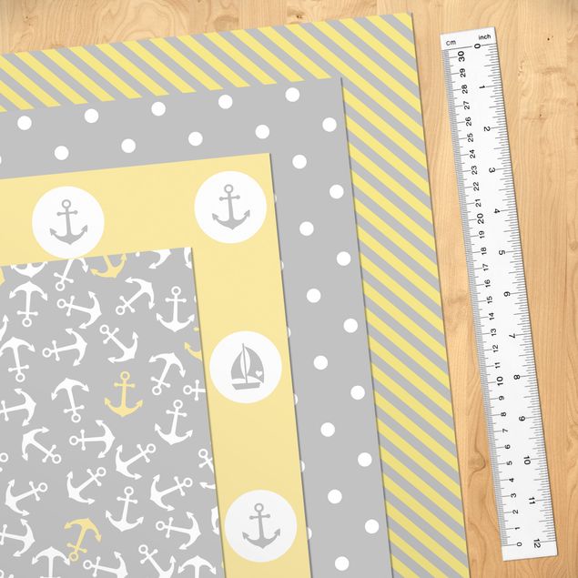 Meubelfolien - Maritime Pattern Set Squares With Anchor, Stripes And Dots