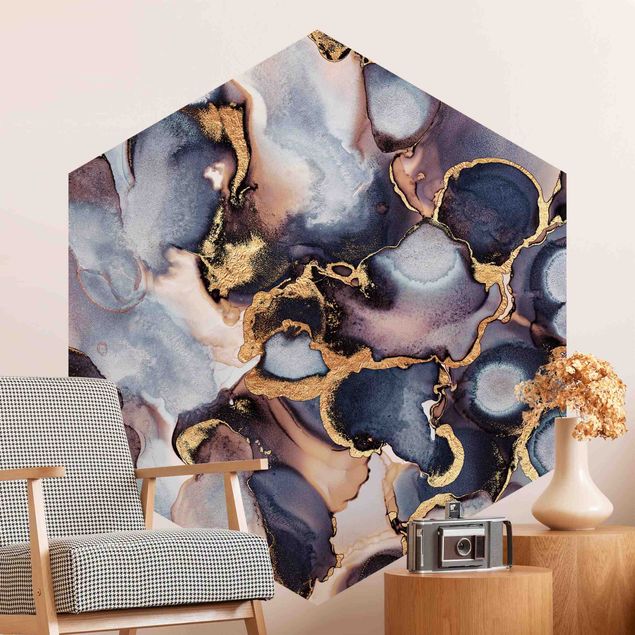 Hexagon Behang Marble Watercolour With Gold