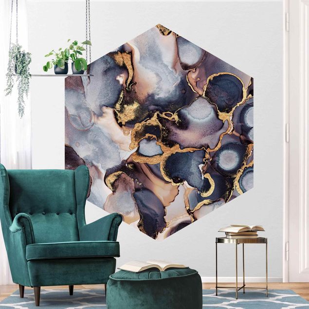Hexagon Behang Marble Watercolour With Gold