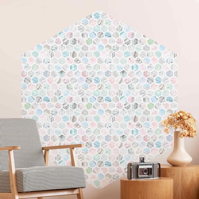 Hexagon Behang Marble Hexagons Rose And Sea Blue