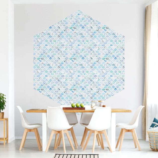 Hexagon Behang Marble Pattern Sea Blue