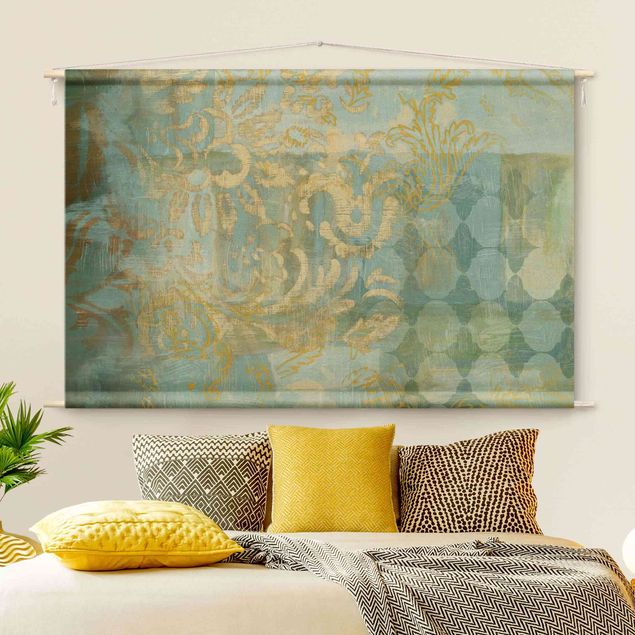 wanddoek xxl Moroccan Collage In Gold And Turquoise