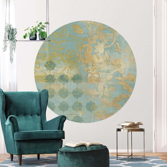 Behangcirkel Moroccan Collage In Gold And Turquoise II