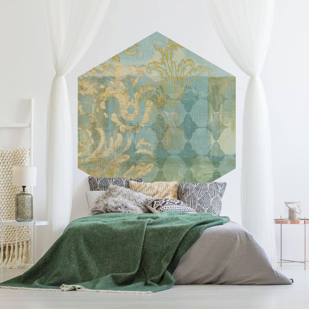 Hexagon Behang Moroccan Collage In Gold And Turquoise