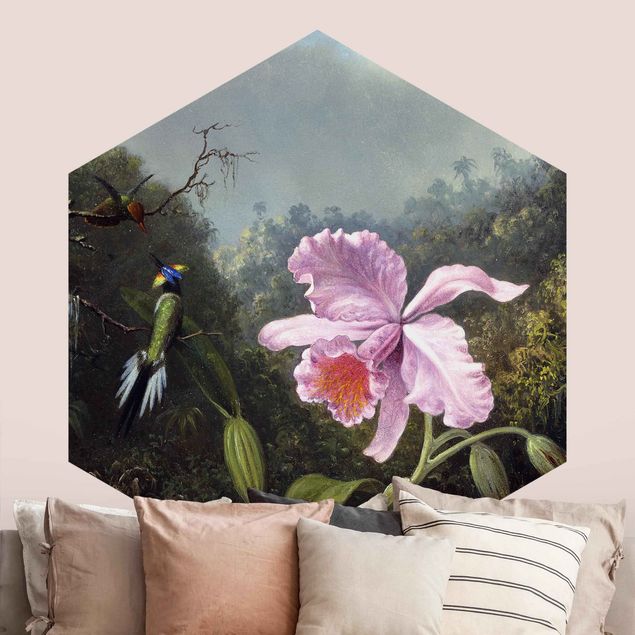Hexagon Behang Martin Johnson Heade - Still Life With An Orchid And A Pair Of Hummingbirds