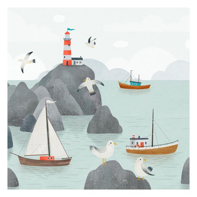 Fotobehang - Ocean With Rocks, Boats And Seagulls