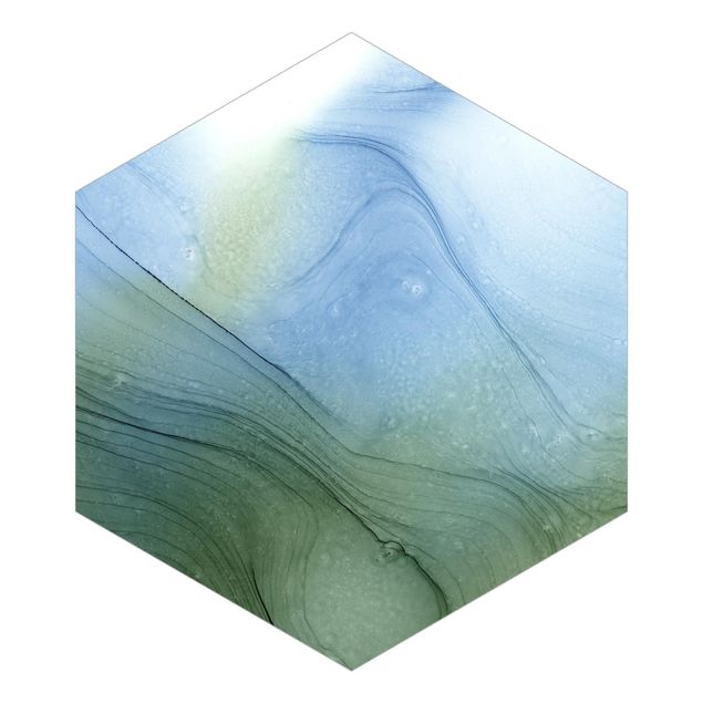 Hexagon Mustertapete selbstklebend - Meliertes Moosgrün mit Blau