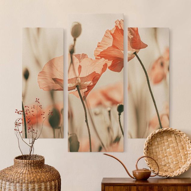 Natuurlijk canvas schilderijen - 3-delig Poppy Flowers In Summer Breeze