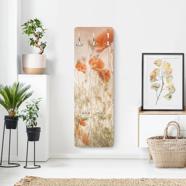 Wandkapstokken houten paneel Poppy Flowers And Grasses In A Field