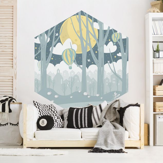Hexagon Behang Moon With Trees And Houses