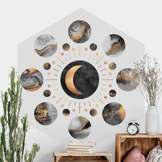 Hexagon Behang Moon Phases Abstract Gold