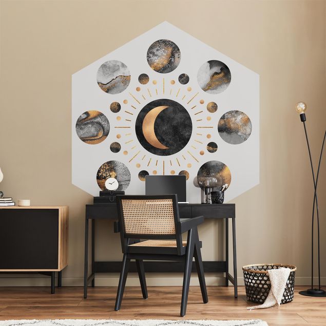 Hexagon Behang Moon Phases Abstract Gold