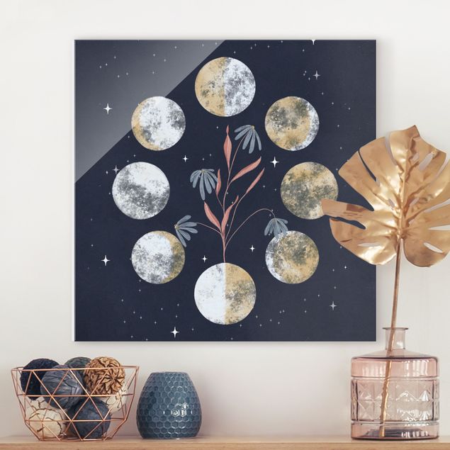 Glas Magnettafel Moon Phases and daisies