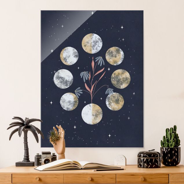 Glas Magnettafel Moon Phases and daisies