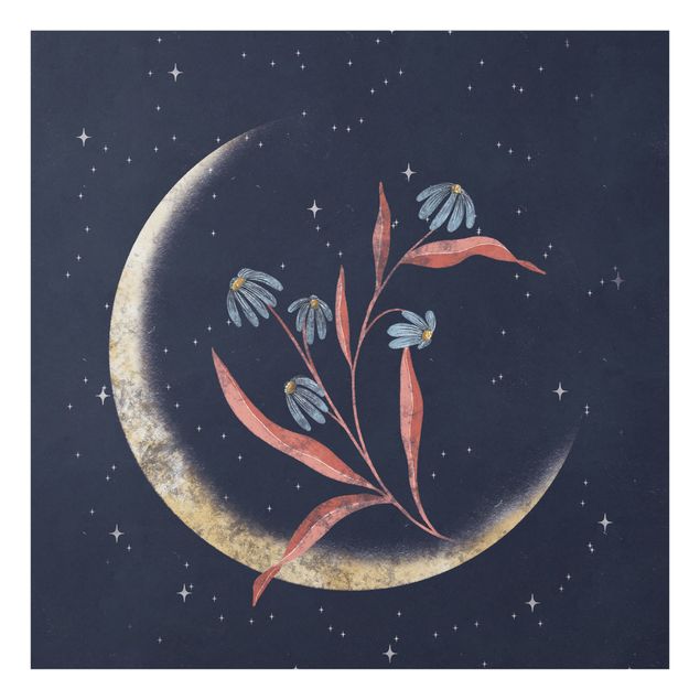 Glasschilderijen - Crescent Moon and Marguerites