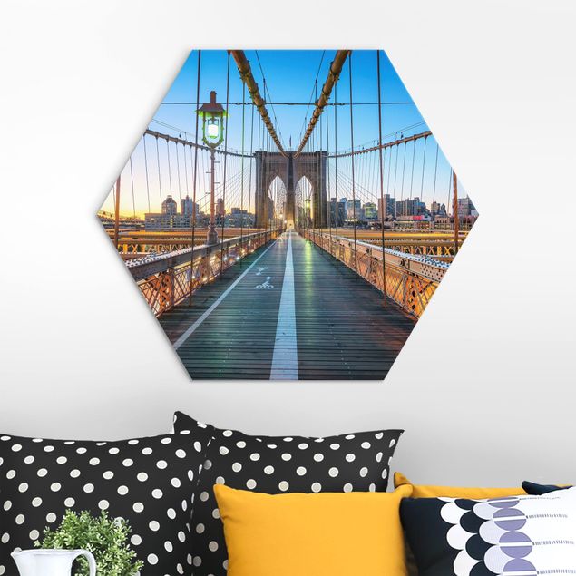 Hexagons Aluminium Dibond schilderijen Dawn On The Brooklyn Bridge