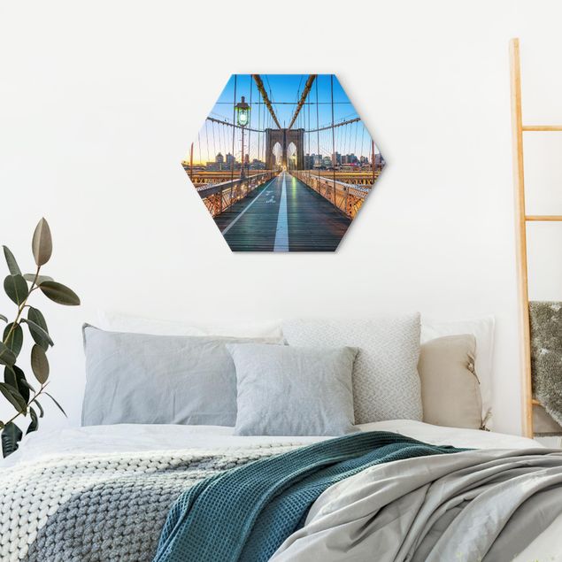 Hexagons Aluminium Dibond schilderijen Dawn On The Brooklyn Bridge