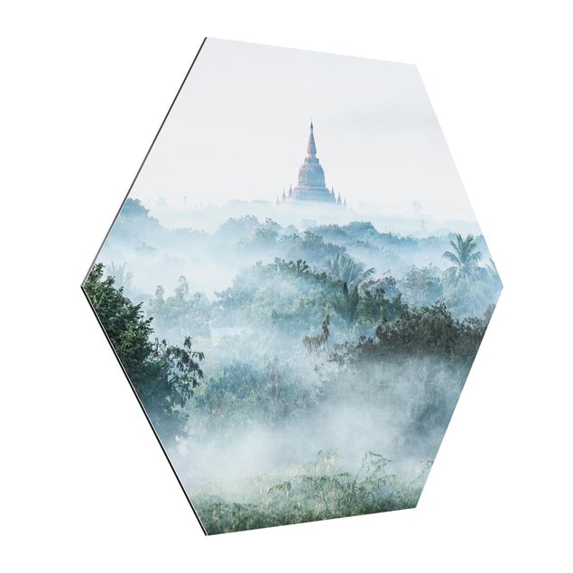 Hexagons Aluminium Dibond schilderijen Morning Fog Over The Jungle Of Bagan