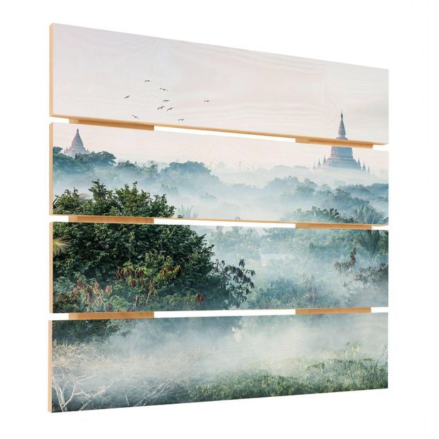 Houten schilderijen op plank Morning Fog Over The Jungle Of Bagan