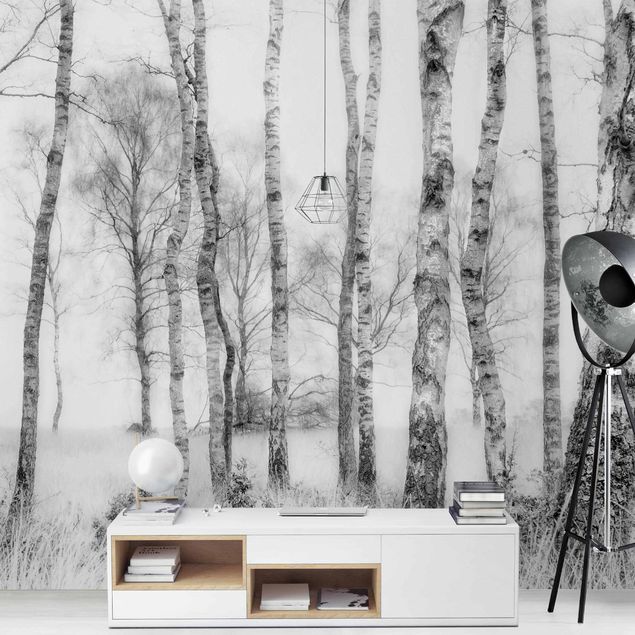 Fotobehang - Mystic Birch Forest Black And White
