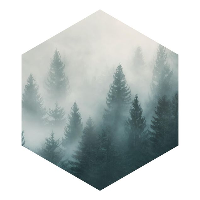Hexagon Behang Coniferous Forest In Fog