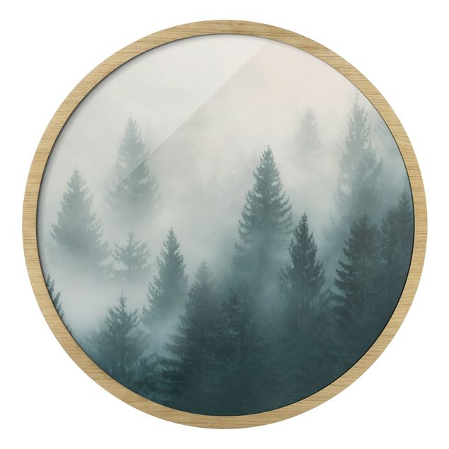 Rond schilderijen Bosco di conifere nella nebbia