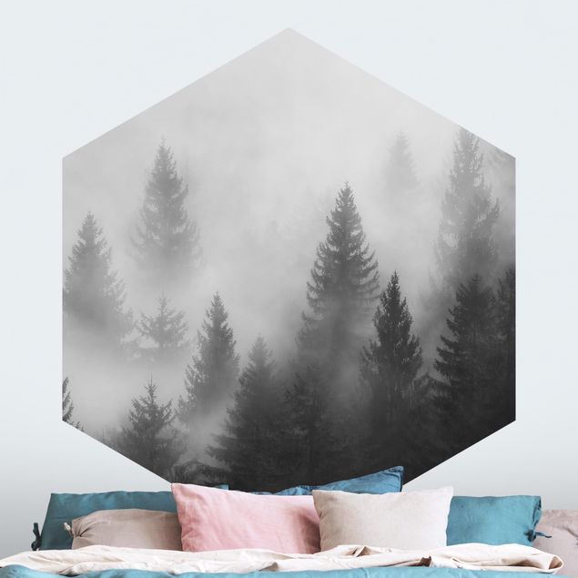 Hexagon Behang Coniferous Forest In The Fog Black And White