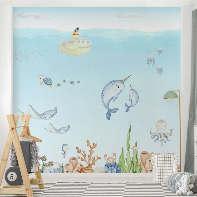 Fotobehang - Narwhal family with friends