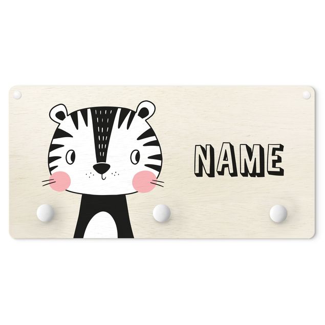 Wandkapstokken voor kinderen Cute Tiger Cat With Customised Name