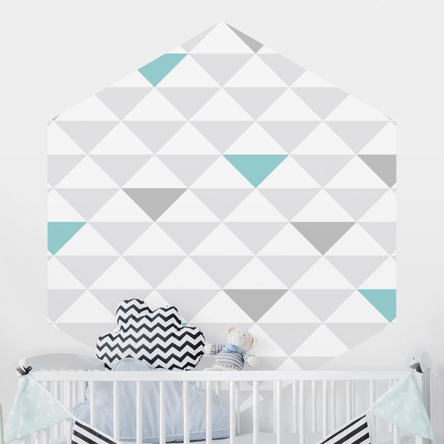 Hexagon Behang No.YK64 Triangles Gray White Turquoise