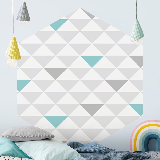 Hexagon Behang No.YK64 Triangles Gray White Turquoise