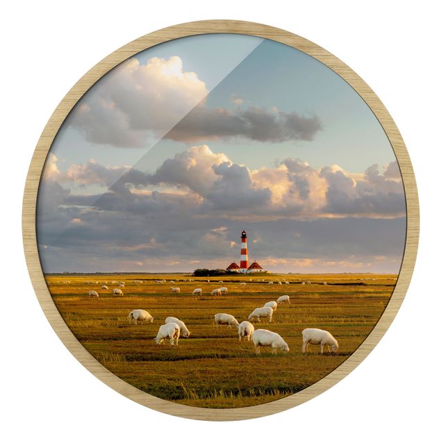 Rond schilderijen Faro nel Mare del Nord con gregge di pecore