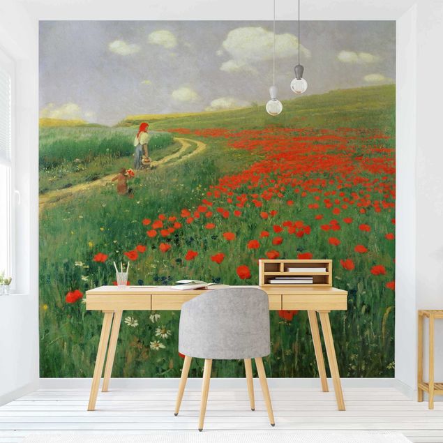 Fotobehang Pál Szinyei-Merse - Summer Landscape With A Blossoming Poppy