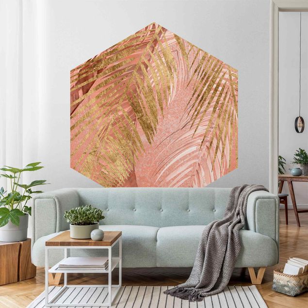Hexagon Behang Palm Fronds In Pink And Gold III