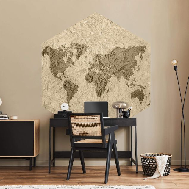 Hexagon Behang Paper World Map Beige Brown