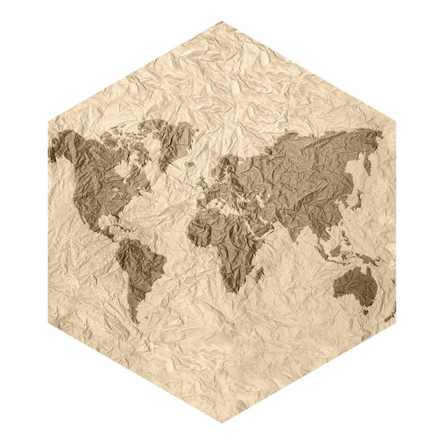 Hexagon Behang Paper World Map Beige Brown