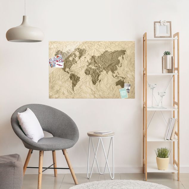 Glas Magnetboard Paper World Map Beige Brown