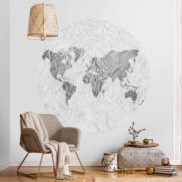 Behangcirkel Paper World Map White Grey