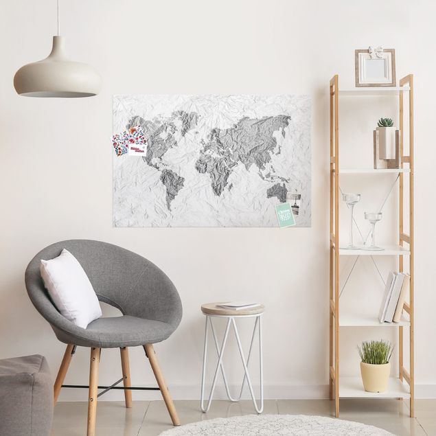 Glas Magnettafel Paper World Map White Grey