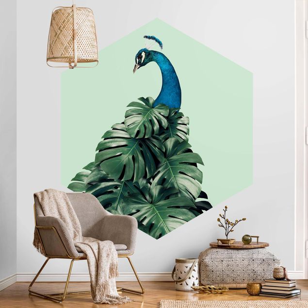 Hexagon Behang Peacock With Monstera Leaves