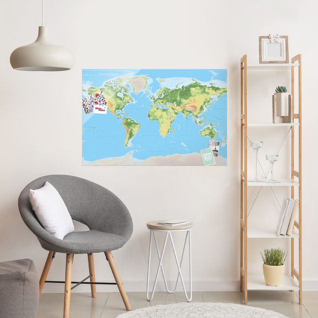 Glas Magnetboard Physical World Map