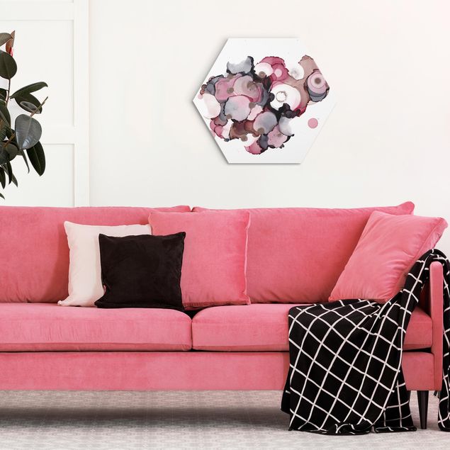 Hexagons Aluminium Dibond schilderijen Pink Beige Drops With Pink Gold