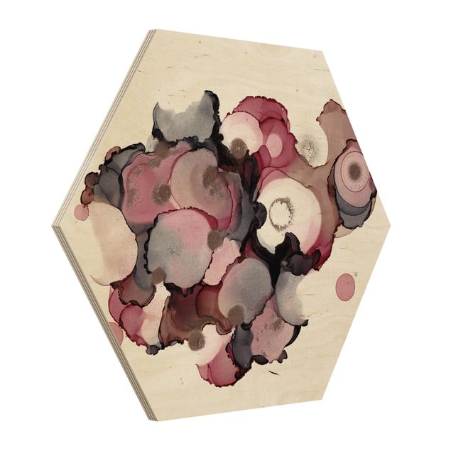 Hexagons houten schilderijen Pink Beige Drops With Pink Gold