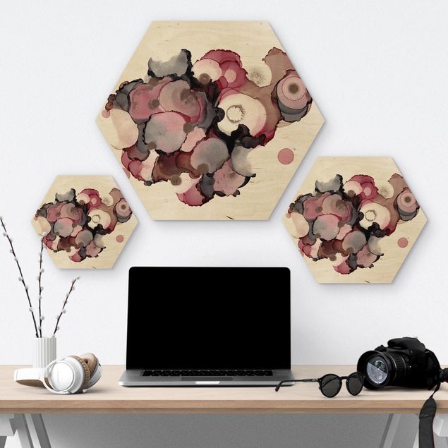 Hexagons houten schilderijen Pink Beige Drops With Pink Gold