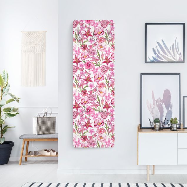Wandkapstokken houten paneel Pink Flowers With Butterflies