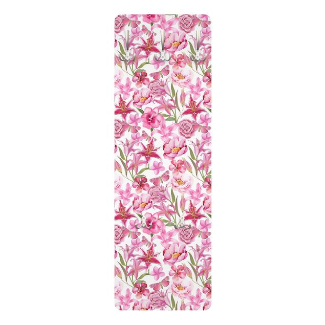 Wandkapstokken houten paneel Pink Flowers With Butterflies