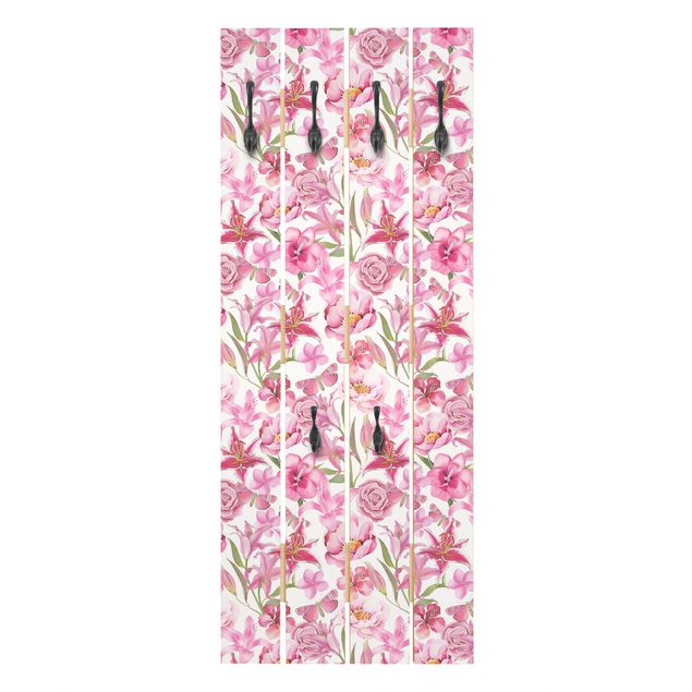 Wandkapstokken houten pallet Pink Flowers With Butterflies