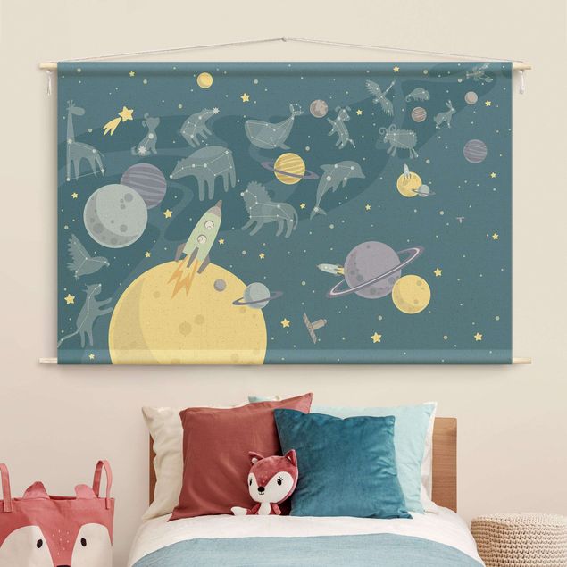wanddoek xxl Planets With Zodiac And Rockets
