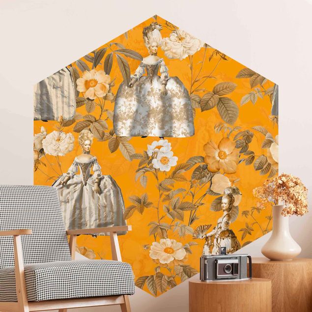 Hexagon Behang Opulent Dress In The Garden On Orange