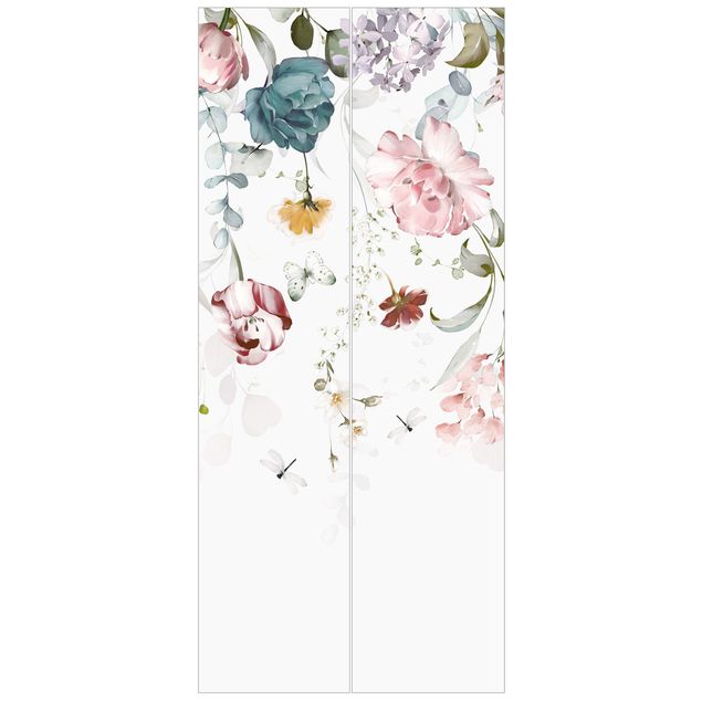 Deur behang - Tendril Flowers with Butterflies Watercolour